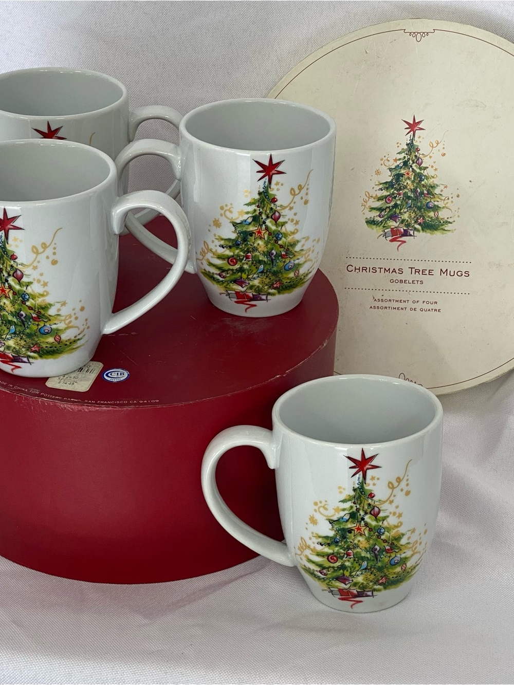 Pottery Barn Holiday Cheer Christmas Tree All is Bright All is Calm Mug Set Of 4